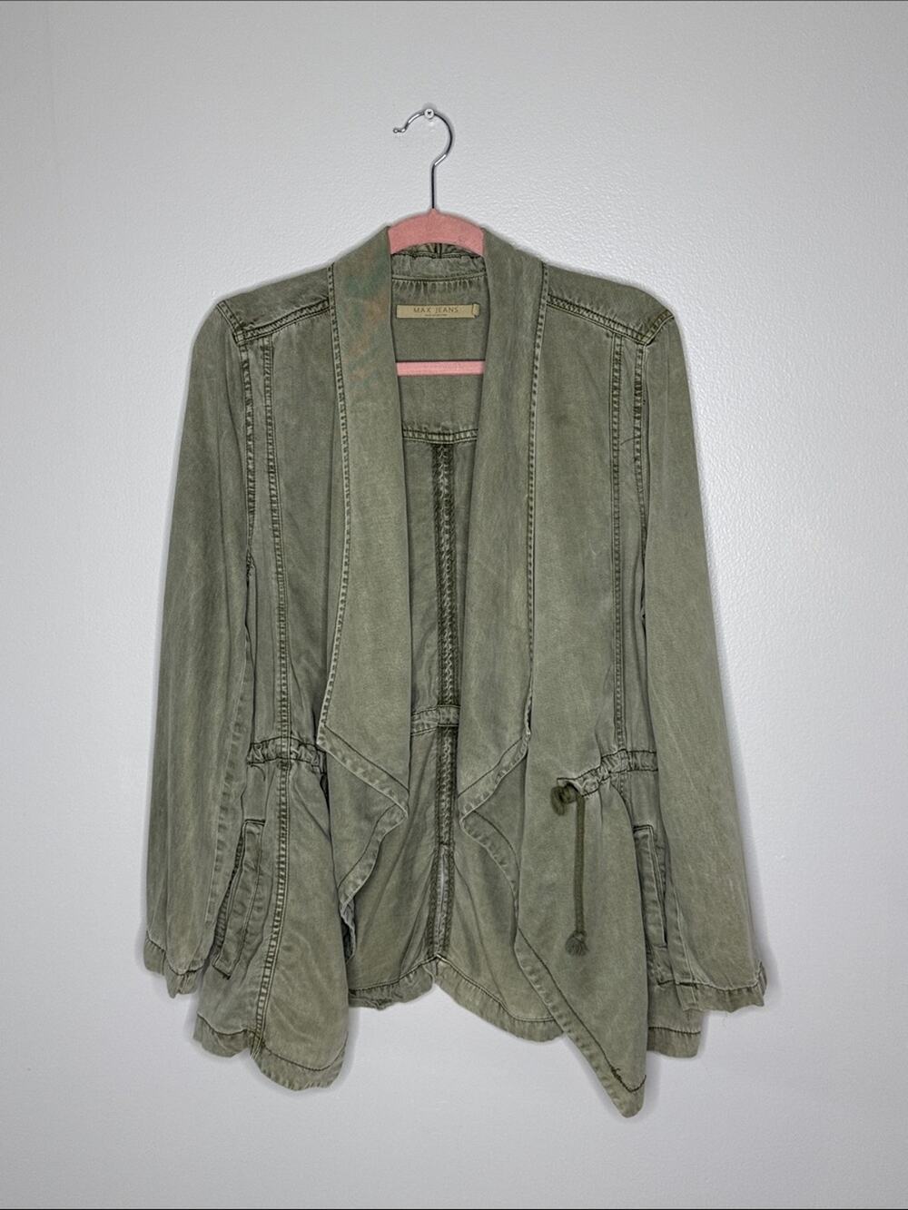 Max Jeans Olive Green Open-Front Utility Jean Jacket Size XL